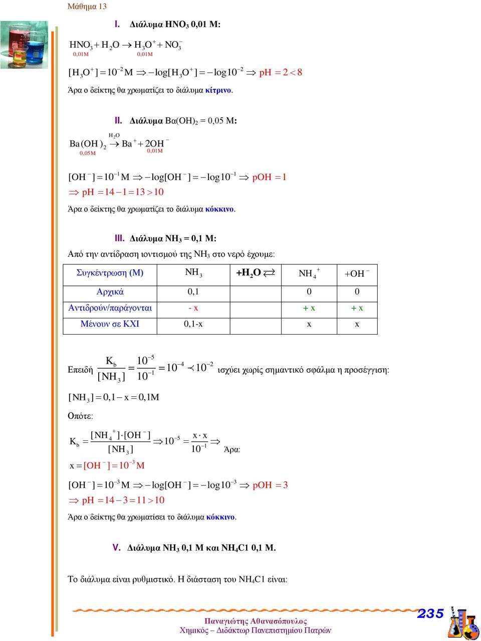 Διάλυμα ΝΗ = 0,1 Μ: Από την αντίδραση ιοντισμού της ΝΗ στο νερό έχουμε: Συγκέντρωση (Μ) NH +H2O NH OH Αρχικά 0,1 0 0 Αντιδρούν/παράγονται - x + x + x Μένουν σε ΚΧΙ 0,1-x x x Επειδή K b 10 [ NH ] 10 5