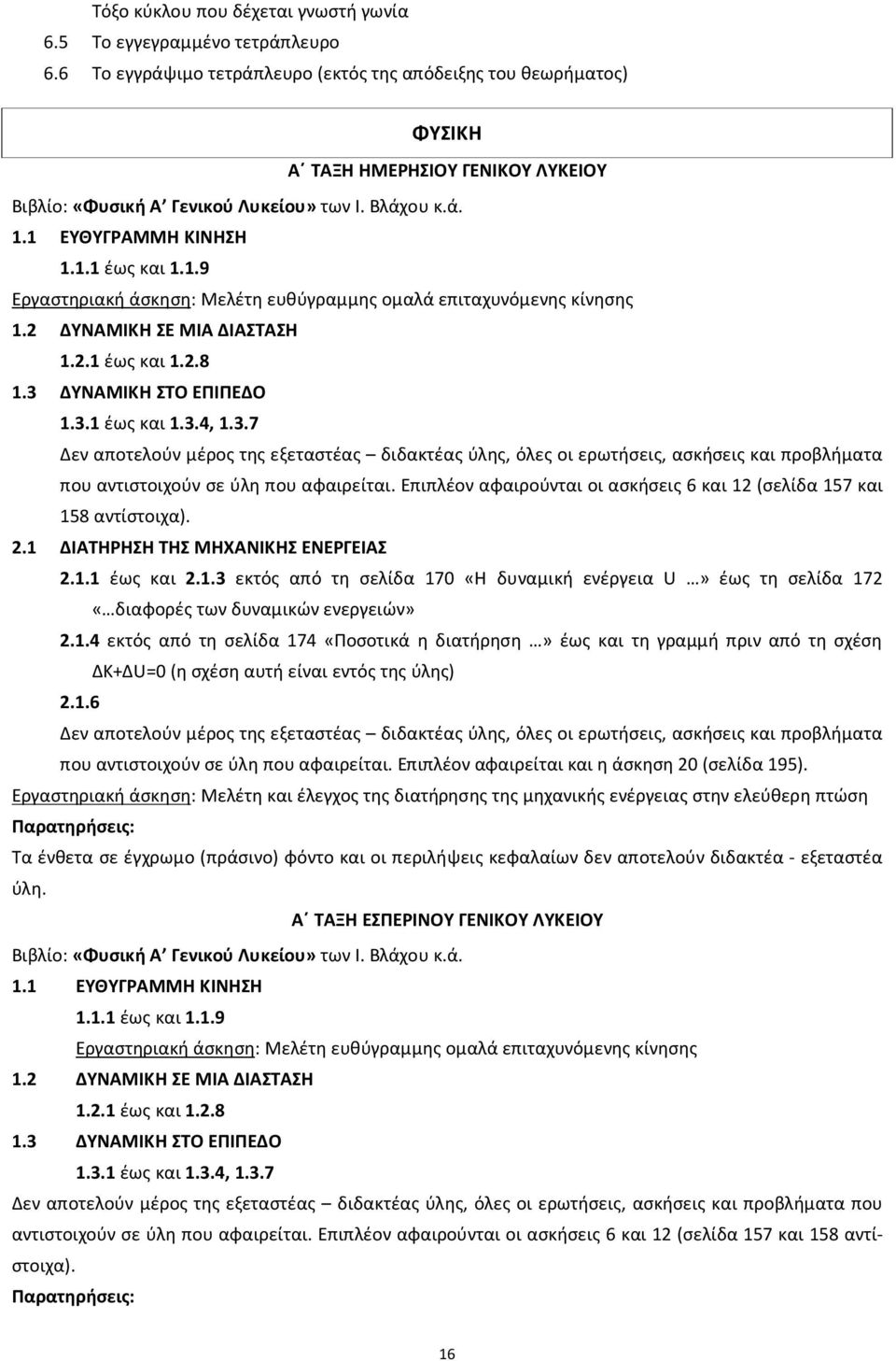 1 ΕΥΘΥΓΡΑΜΜΗ ΚΙΝΗΣΗ 1.1.1 έως και 1.1.9 Εργαστηριακή άσκηση: Μελέτη ευθύγραμμης ομαλά επιταχυνόμενης κίνησης 1.2 ΔΥΝΑΜΙΚΗ ΣΕ ΜΙΑ ΔΙΑΣΤΑΣΗ 1.2.1 έως και 1.2.8 1.3 ΔΥΝΑΜΙΚΗ ΣΤΟ ΕΠΙΠΕΔΟ 1.3.1 έως και 1.3.4, 1.