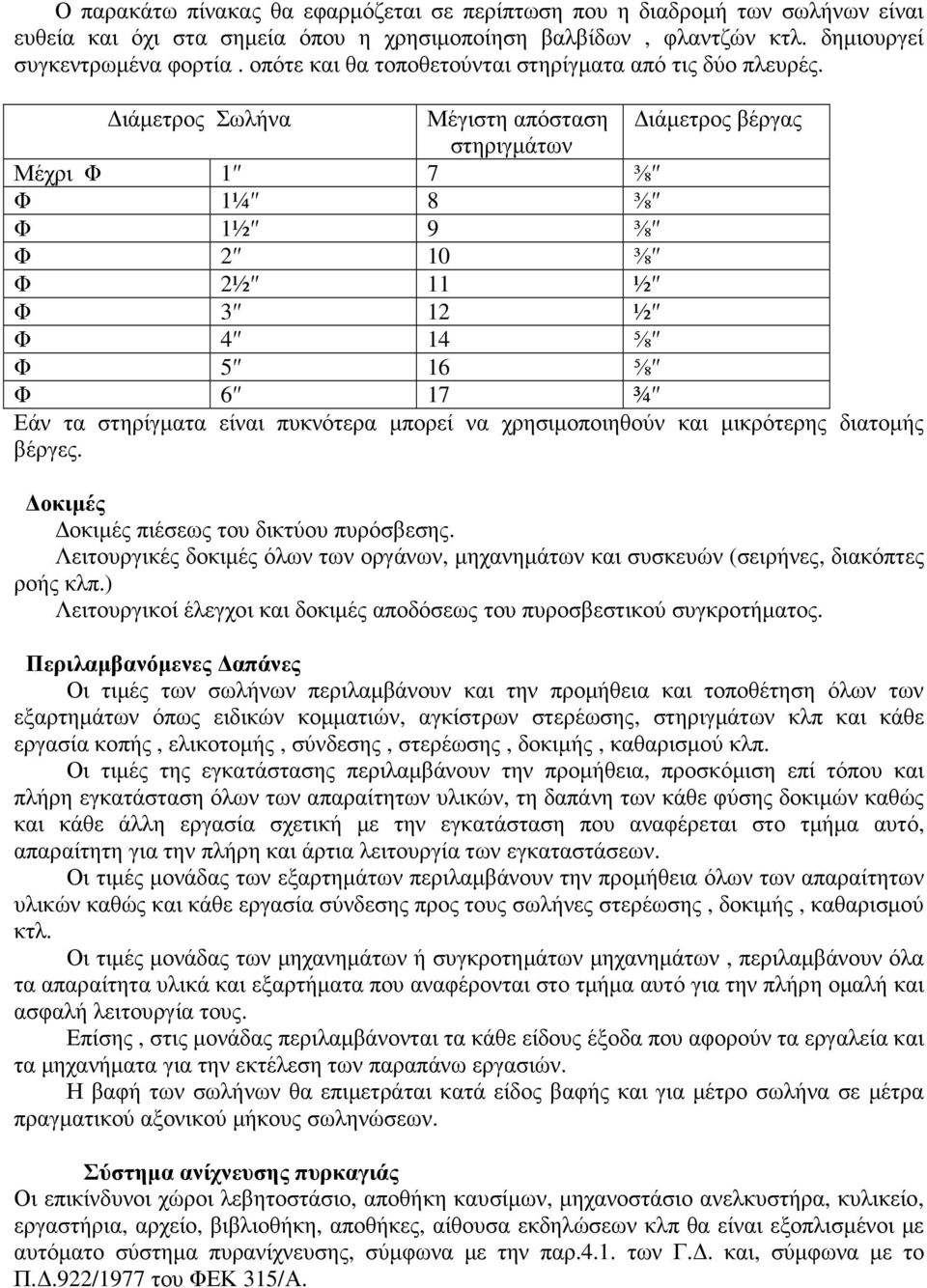 ιάµετρος Σωλήνα Μέγιστη απόσταση ιάµετρος βέργας στηριγµάτων Μέχρι Φ 7 ⅜ Φ ¼ 8 ⅜ Φ ½ 9 ⅜ Φ 2 0 ⅜ Φ 2½ ½ Φ 3 2 ½ Φ 4 4 ⅝ Φ 5 6 ⅝ Φ 6 7 ¾ Εάν τα στηρίγµατα είναι πυκνότερα µπορεί να χρησιµοποιηθούν και