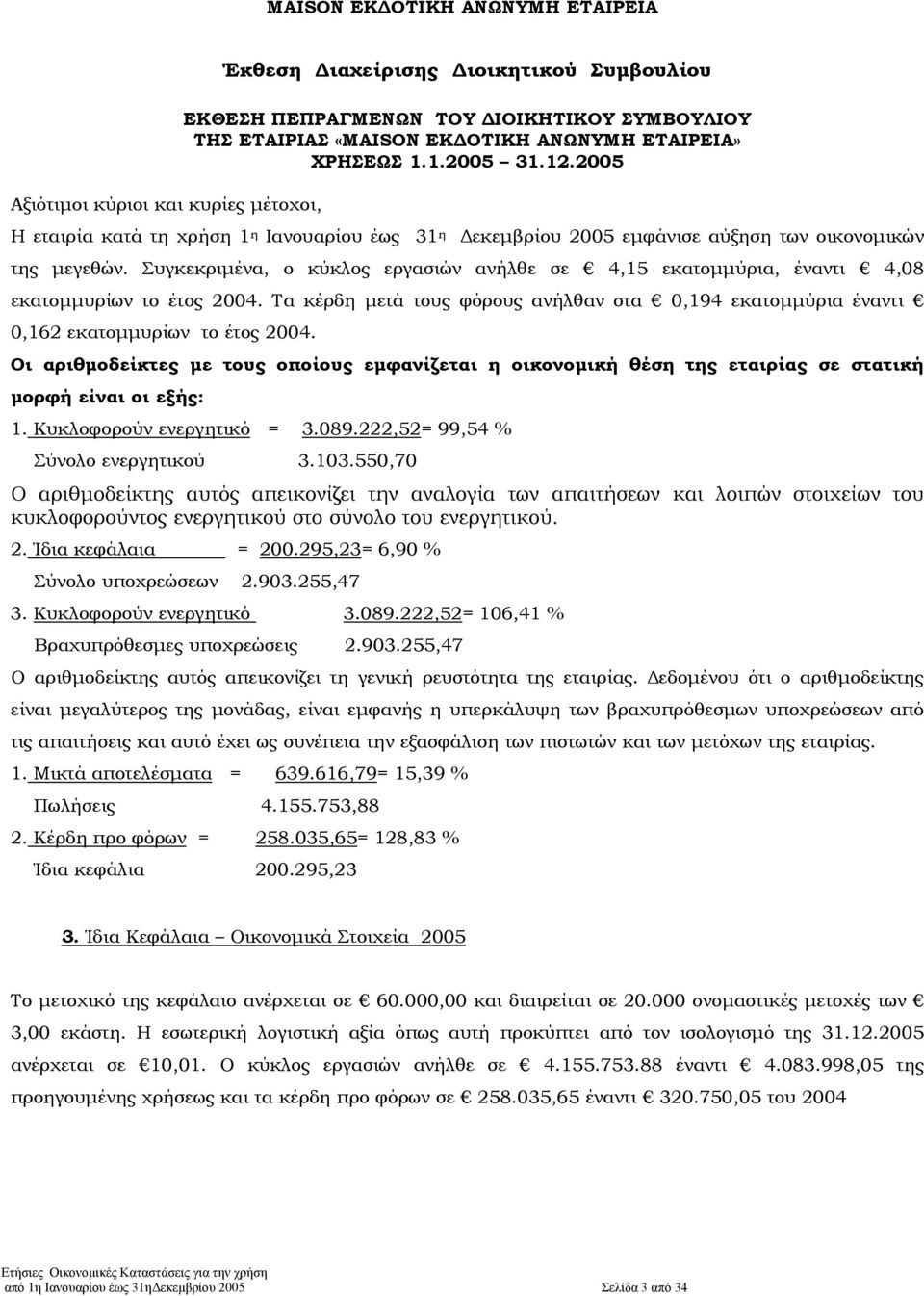 Συγκεκριµένα, ο κύκλος εργασιών ανήλθε σε 4,15 εκατοµµύρια, έναντι 4,08 εκατοµµυρίων το έτος 2004. Τα κέρδη µετά τους φόρους ανήλθαν στα 0,194 εκατοµµύρια έναντι 0,162 εκατοµµυρίων το έτος 2004.