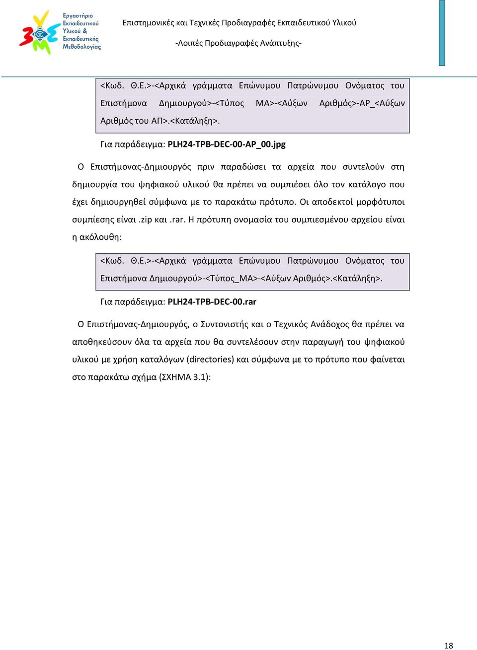 Οι αποδεκτοί μορφότυποι συμπίεσης είναι.zip και.rar. Η πρότυπη ονομασία του συμπιεσμένου αρχείου είναι η ακόλουθη: <Κωδ. Θ.Ε.