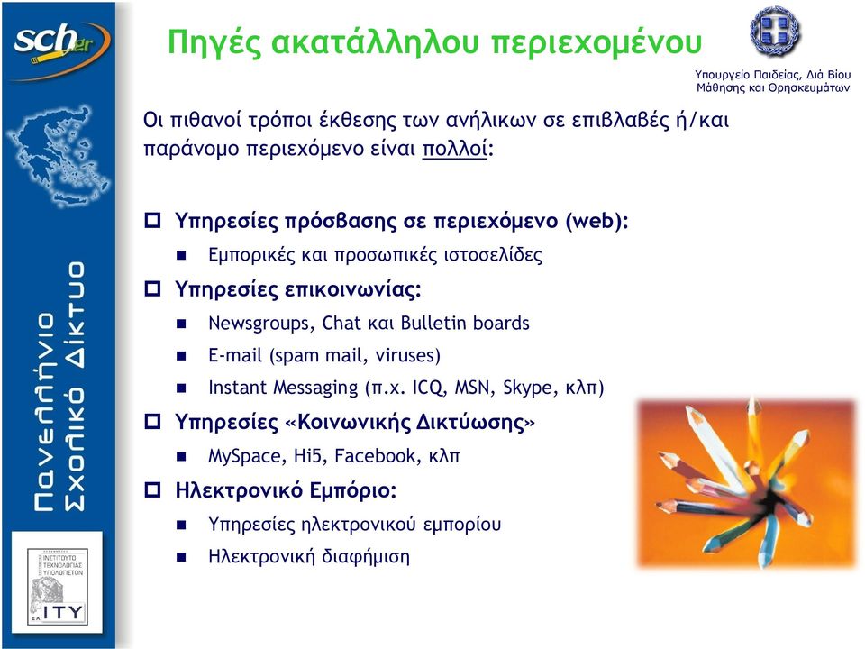 Newsgroups, Chat και Bulletin boards E-mail (spam mail, viruses) Instant Messaging (π.χ.