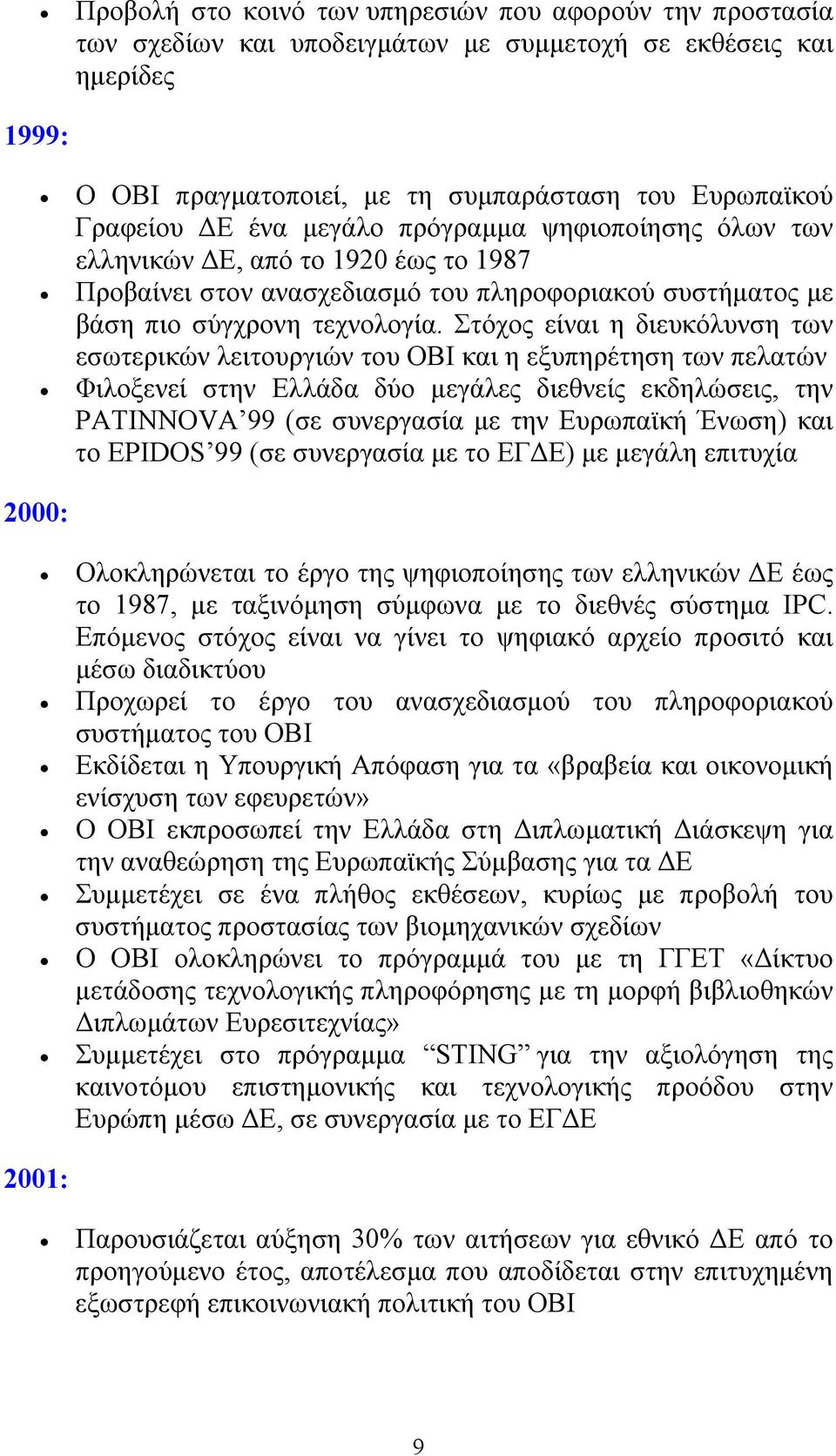 Στόχος είναι η διευκόλυνση των εσωτερικών λειτουργιών του ΟΒΙ και η εξυπηρέτηση των πελατών Φιλοξενεί στην Ελλάδα δύο μεγάλες διεθνείς εκδηλώσεις, την PATINNOVA 99 (σε συνεργασία με την Ευρωπαϊκή