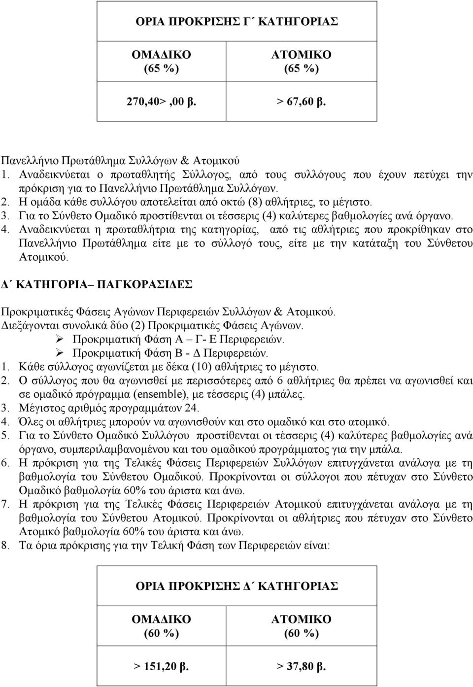 3. Για το Σύνθετο Ομαδικό προστίθενται οι τέσσερις (4) καλύτερες βαθμολογίες ανά όργανο. 4.