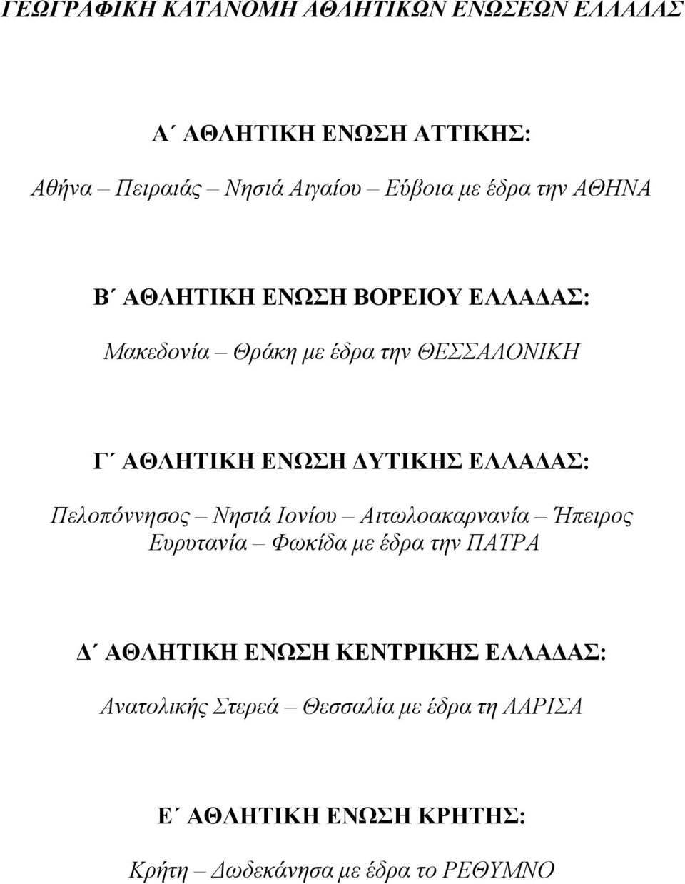 ΕΛΛΑΔΑΣ: Πελοπόννησος Νησιά Ιονίου Αιτωλοακαρνανία Ήπειρος Ευρυτανία Φωκίδα με έδρα την ΠΑΤΡΑ Δ ΑΘΛΗΤΙΚΗ ΕΝΩΣΗ