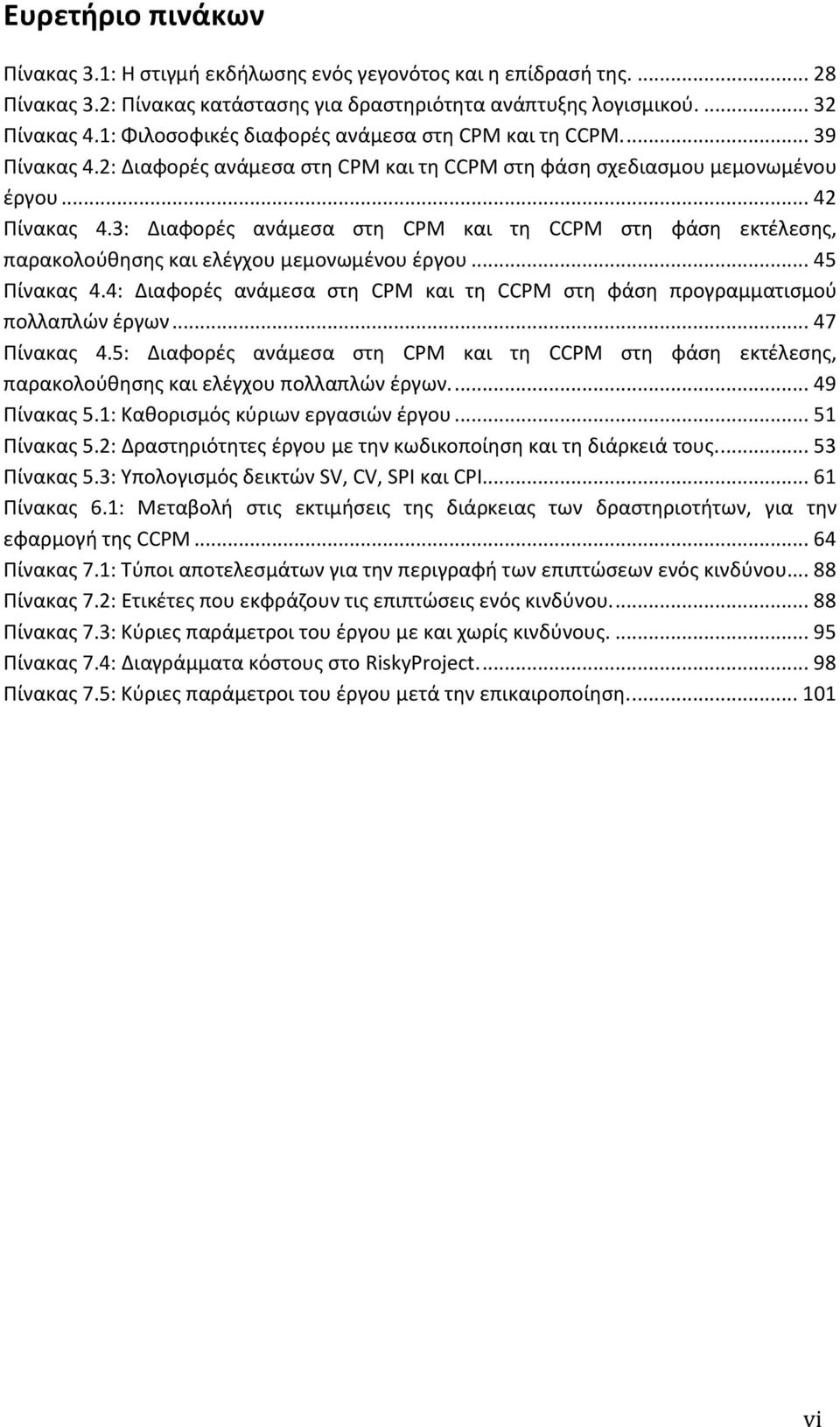 3: Διαφορές ανάμεσα στη CPM και τη CCPM στη φάση εκτέλεσης, παρακολούθησης και ελέγχου μεμονωμένου έργου... 45 Πίνακας 4.