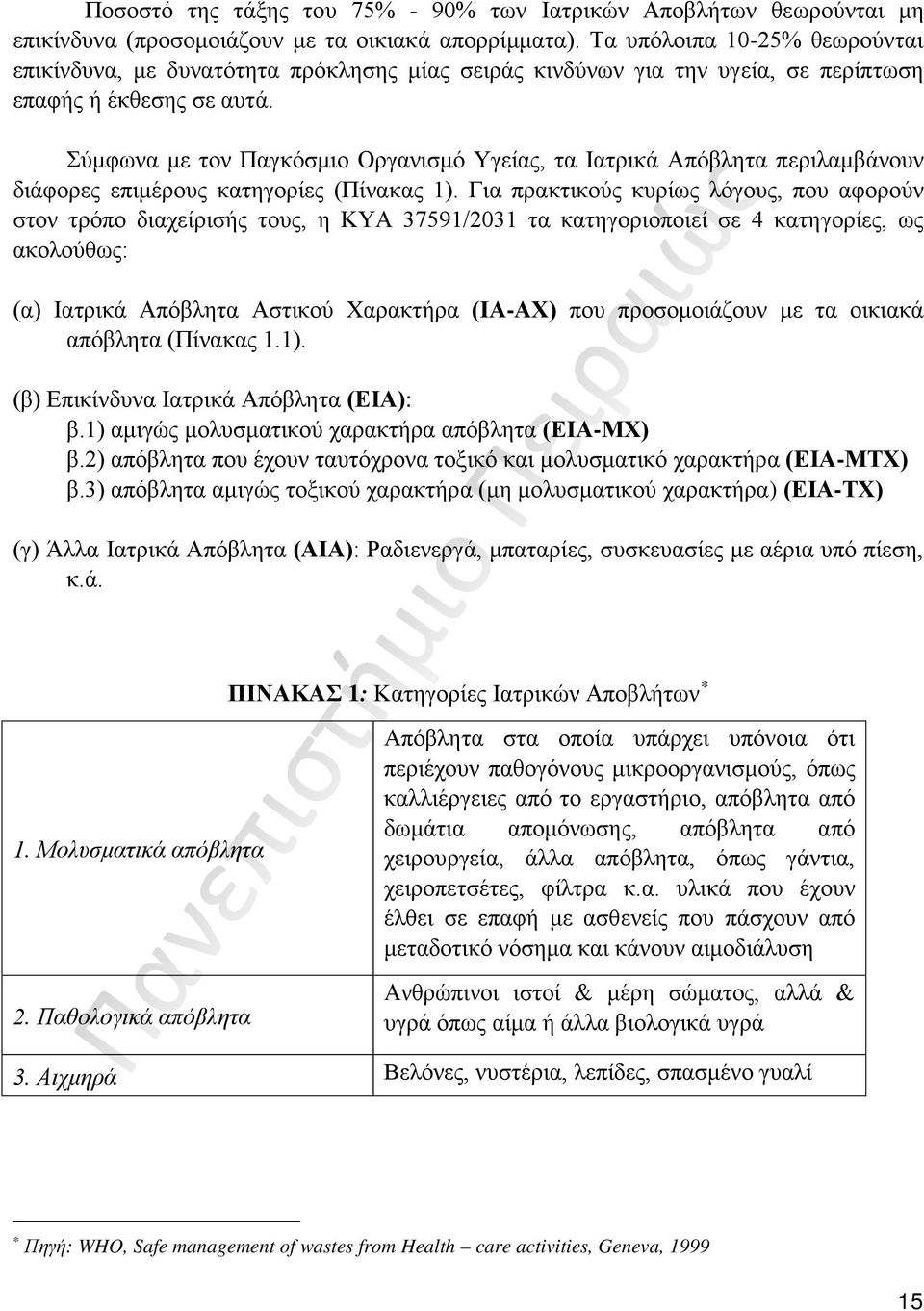 Σύμφωνα με τον Παγκόσμιο Οργανισμό Υγείας, τα Ιατρικά Απόβλητα περιλαμβάνουν διάφορες επιμέρους κατηγορίες (Πίνακας 1).