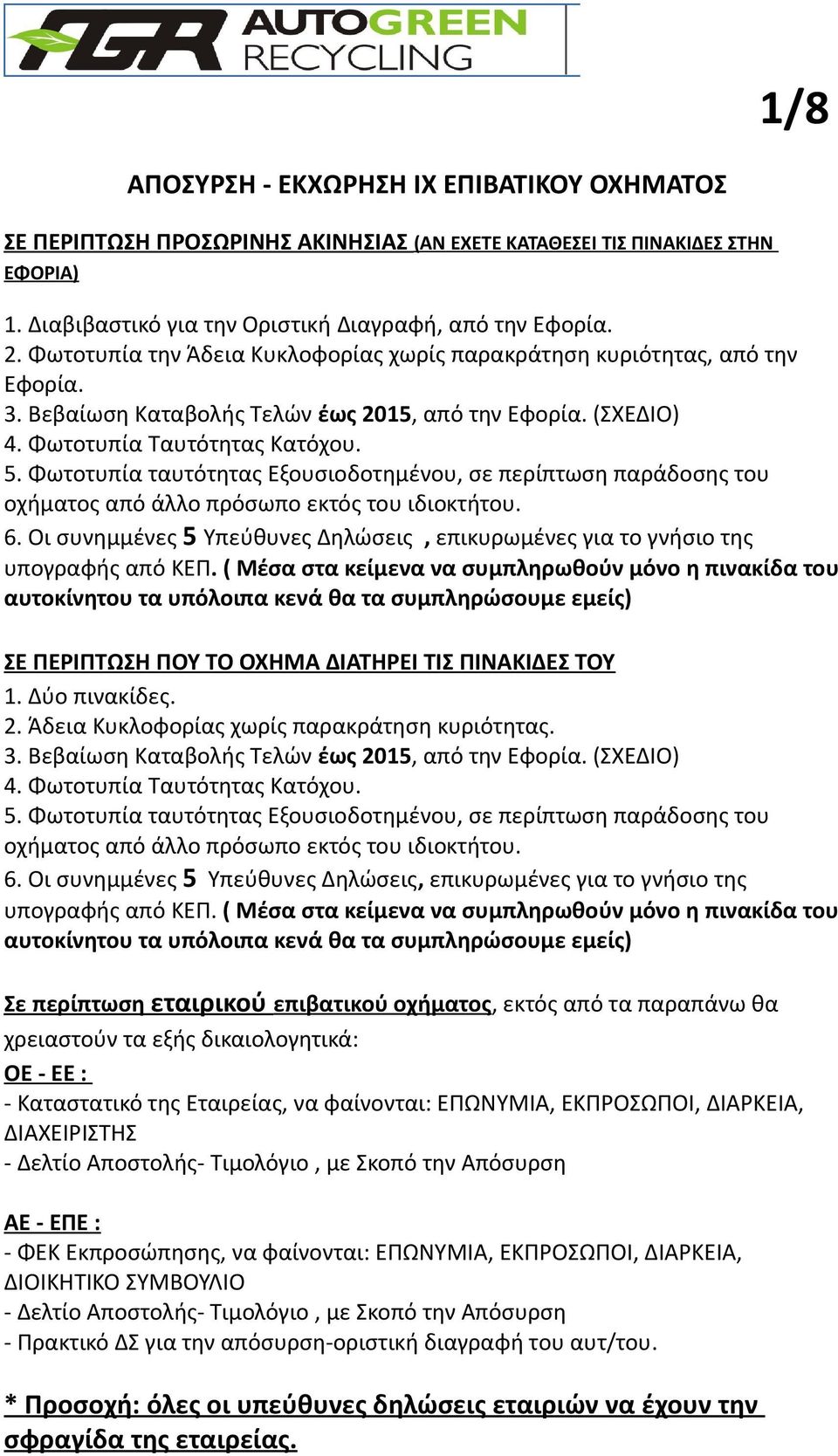 Φωτοτυπία ταυτότητας Εξουσιοδοτημένου, σε περίπτωση παράδοσης του οχήματος από άλλο πρόσωπο εκτός του ιδιοκτήτου. 6.