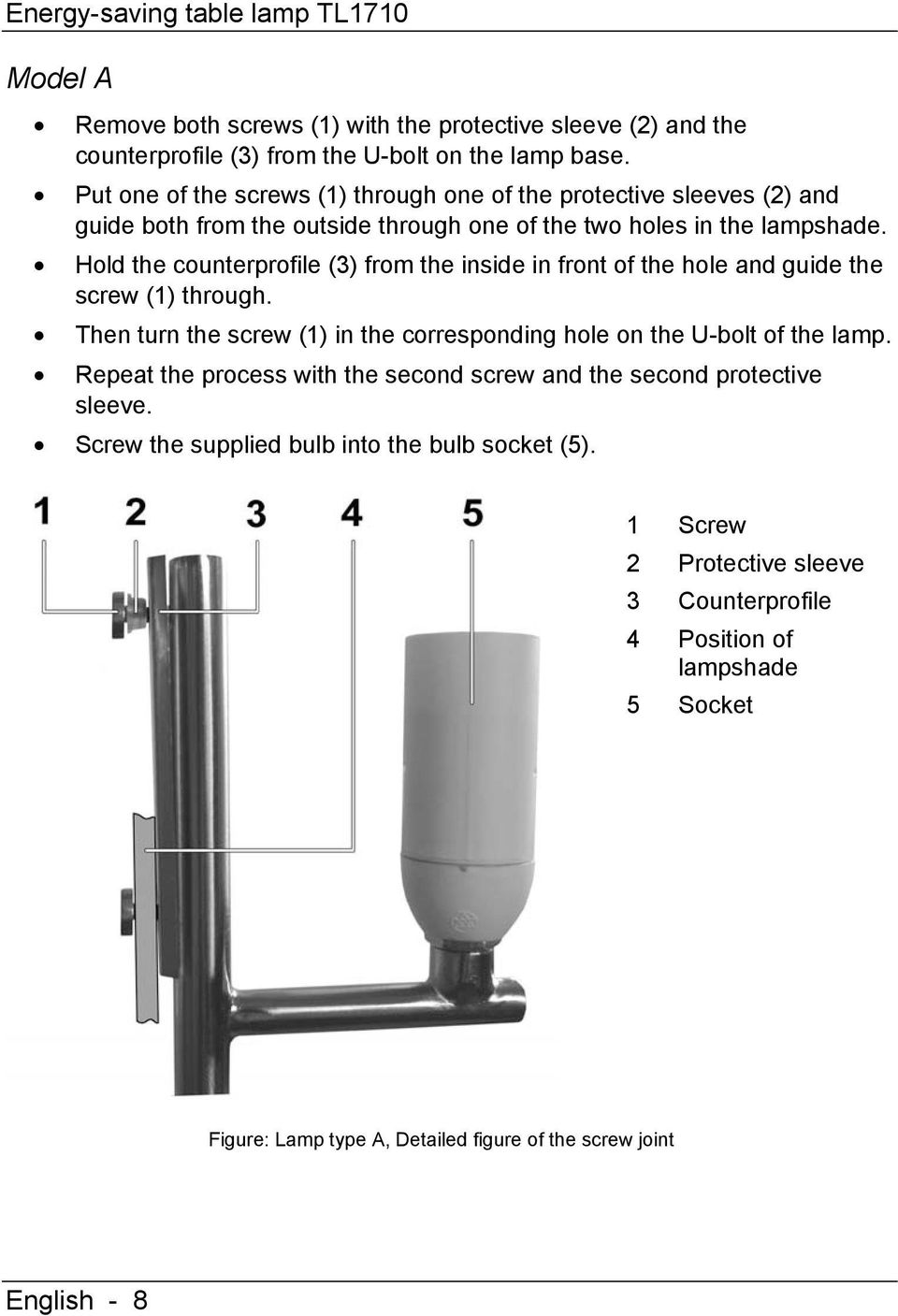 Hold the counterprofile (3) from the inside in front of the hole and guide the screw (1) through. Then turn the screw (1) in the corresponding hole on the U-bolt of the lamp.
