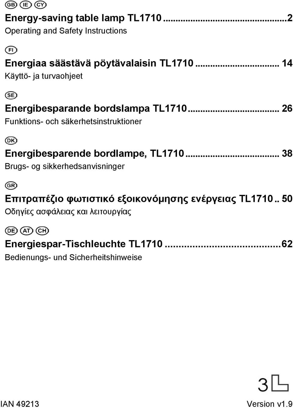 .. 26 Funktions- och säkerhetsinstruktioner Energibesparende bordlampe, TL1710.
