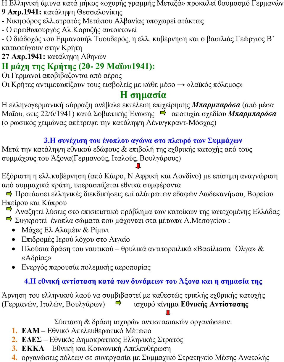 1941: κατάληψη Αθηνών Η μάχη της Κρήτης (20-29 Μαΐου1941): Οι Γερμανοί αποβιβάζονται από αέρος Οι Κρήτες αντιμετωπίζουν τους εισβολείς με κάθε μέσο «λαϊκός πόλεμος» Η σημασία Η ελληνογερμανική