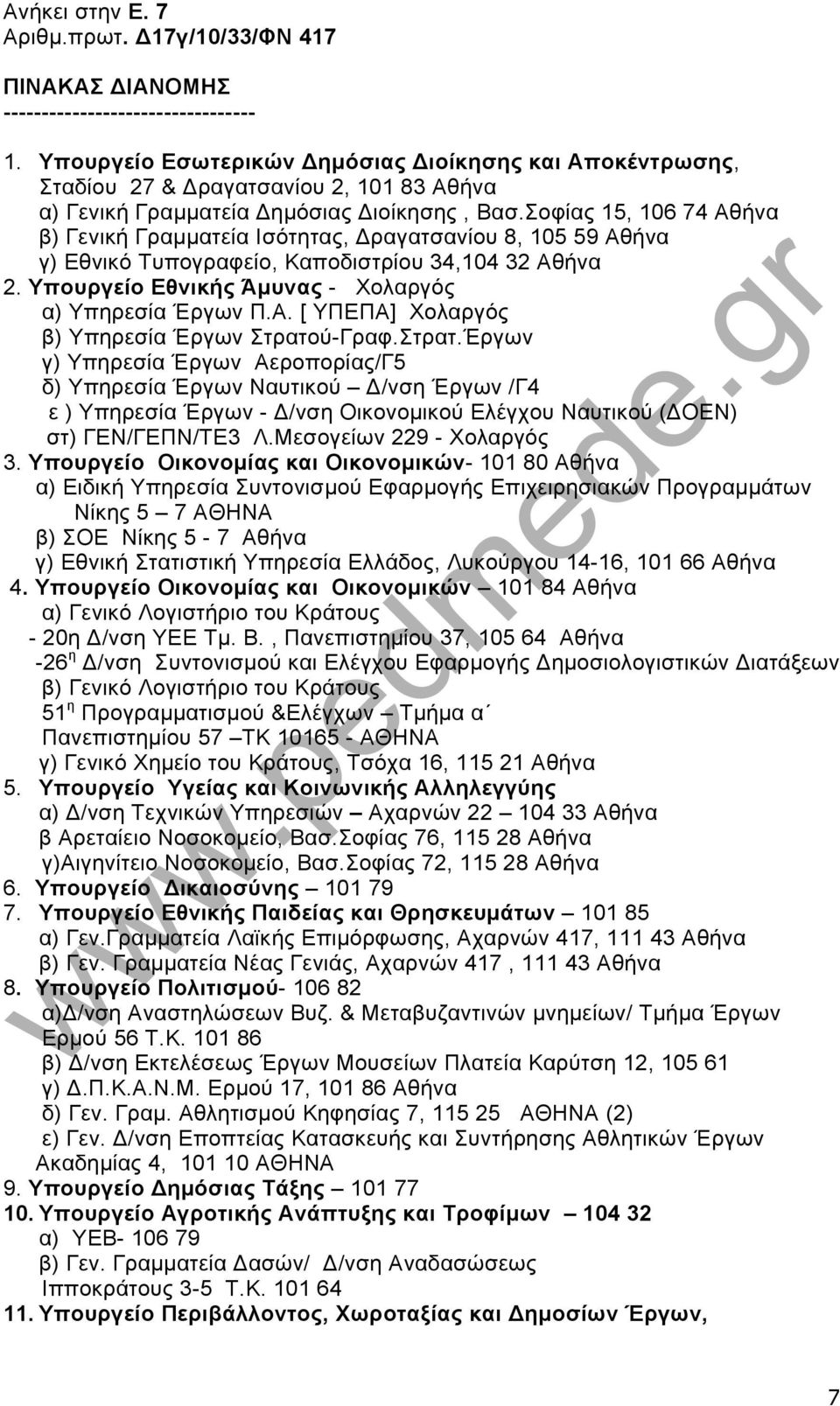 Σοφίας 15, 106 74 Αθήνα β) Γενική Γραμματεία Ισότητας, ραγατσανίου 8, 105 59 Αθήνα γ) Εθνικό Τυπογραφείο, Καποδιστρίου 34,104 32 Αθήνα 2. Υπουργείο Εθνικής Άμυνας - Χολαργός α) Υπηρεσία Έργων Π.Α. [ ΥΠΕΠΑ] Χολαργός β) Υπηρεσία Έργων Στρατού-Γραφ.