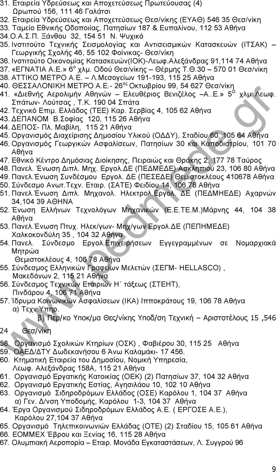 Ινστιτούτο Τεχνικής Σεισμολογίας και Αντισεισμικών Κατασκευών (ΙΤΣΑΚ) Γεωργικής Σχολής 46, 55 102 Φοίνικας- Θεσ/νίκη 36. Ινστιτούτο Οικονομίας Κατασκευών(ΙΟΚ)-Λεωφ.Αλεξάνδρας 91,114 74 Αθήνα 37.