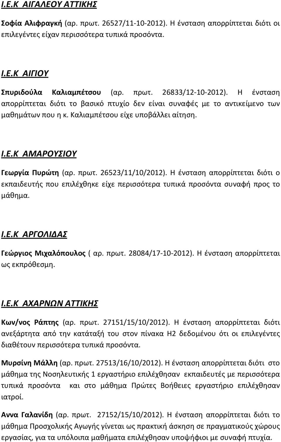 26523/11/10/2012). Η ένσταση απορρίπτεται διότι ο εκπαιδευτής που επιλέχθηκε είχε περισσότερα τυπικά προσόντα συναφή προς το μάθημα. Ι.Ε.Κ ΑΡΓΟΛΙΔΑΣ Γεώργιος Μιχαλόπουλος ( αρ. πρωτ.