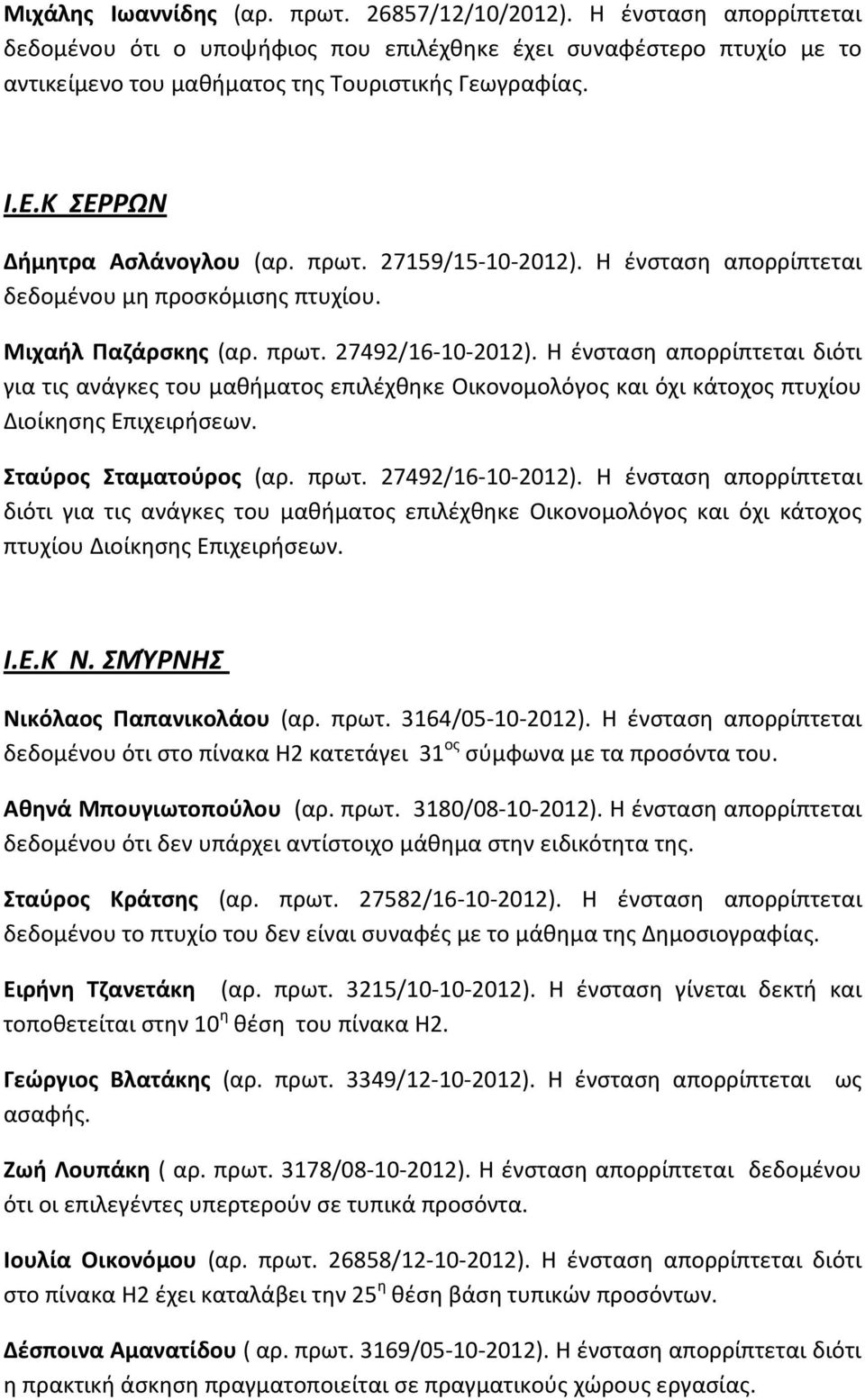 Η ένσταση απορρίπτεται διότι για τις ανάγκες του μαθήματος επιλέχθηκε Οικονομολόγος και όχι κάτοχος πτυχίου Διοίκησης Επιχειρήσεων. Σταύρος Σταματούρος (αρ. πρωτ. 27492/16-10-2012).