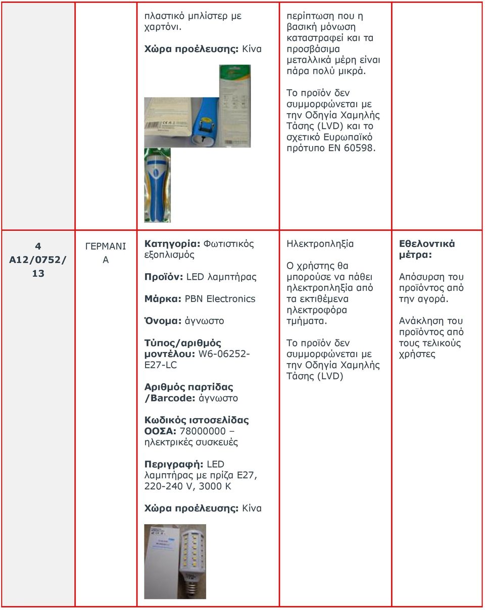 4 A12/0752/ ΓΕΡΜΝΙ Κατηγορία: Φωτιστικός εξοπλισμός Προϊόν: LED λαμπτήρας Μάρκα: PBN Electronics Όνομα: άγνωστο μοντέλου: W6-06252- E27-LC /Barcode: άγνωστο