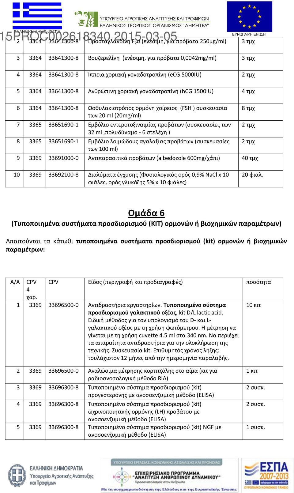 εντεροτοξιναιμίας προβάτων (συσκευασίες των 32 ml,πολυδύναμο - 6 στελέχη ) 8 3365 33651690-1 Εμβόλιο λοιμώδους αγαλαξίας προβάτων (συσκευασίες των 100 ml) 8 τμχ 2 τμχ 2 τμχ 9 3369 33691000-0