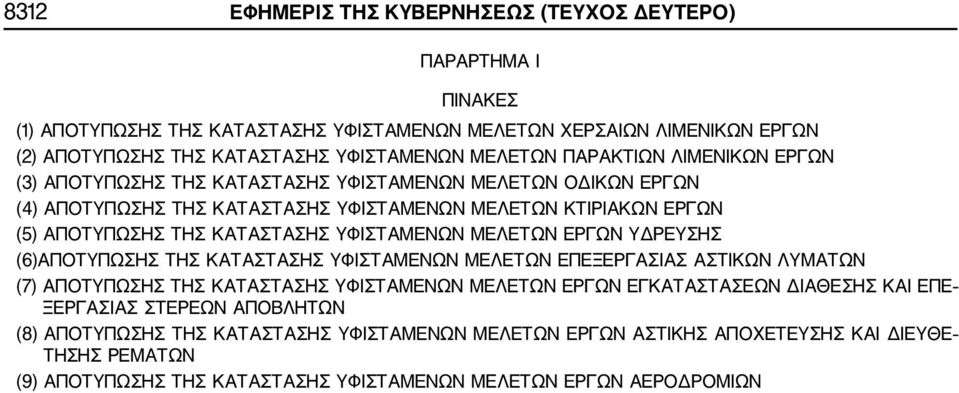 ΥΦΙΣΤΑΜΕΝΩΝ ΜΕΛΕΤΩΝ ΕΡΓΩΝ ΥΔΡΕΥΣΗΣ (6)ΑΠΟΤΥΠΩΣΗΣ ΤΗΣ ΚΑΤΑΣΤΑΣΗΣ ΥΦΙΣΤΑΜΕΝΩΝ ΜΕΛΕΤΩΝ ΕΠΕΞΕΡΓΑΣΙΑΣ ΑΣΤΙΚΩΝ ΛΥΜΑΤΩΝ (7) ΑΠΟΤΥΠΩΣΗΣ ΤΗΣ ΚΑΤΑΣΤΑΣΗΣ ΥΦΙΣΤΑΜΕΝΩΝ ΜΕΛΕΤΩΝ ΕΡΓΩΝ ΕΓΚΑΤΑΣΤΑΣΕΩΝ ΔΙΑΘΕΣΗΣ