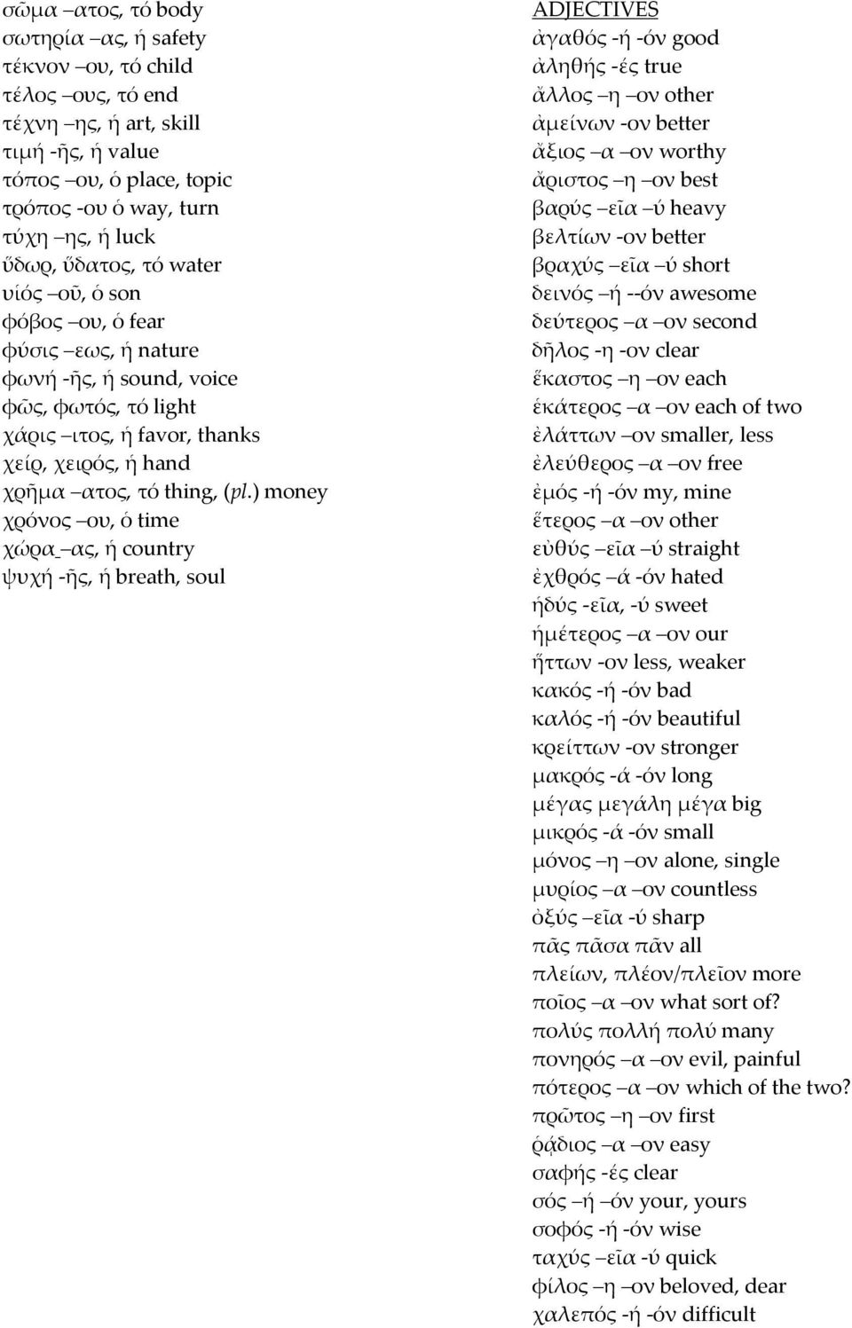 ) money χρόνος ου, ὁ time χώρα ας, ἡ country ψυχή -ῆς, ἡ breath, soul ADJECTIVES ἀγαθός -ή -όν good ἀληθής -ές true ἄλλος η ον other ἀμείνων -ον better ἄξιος α ον worthy ἄριστος η ον best βαρύς εῖα ύ