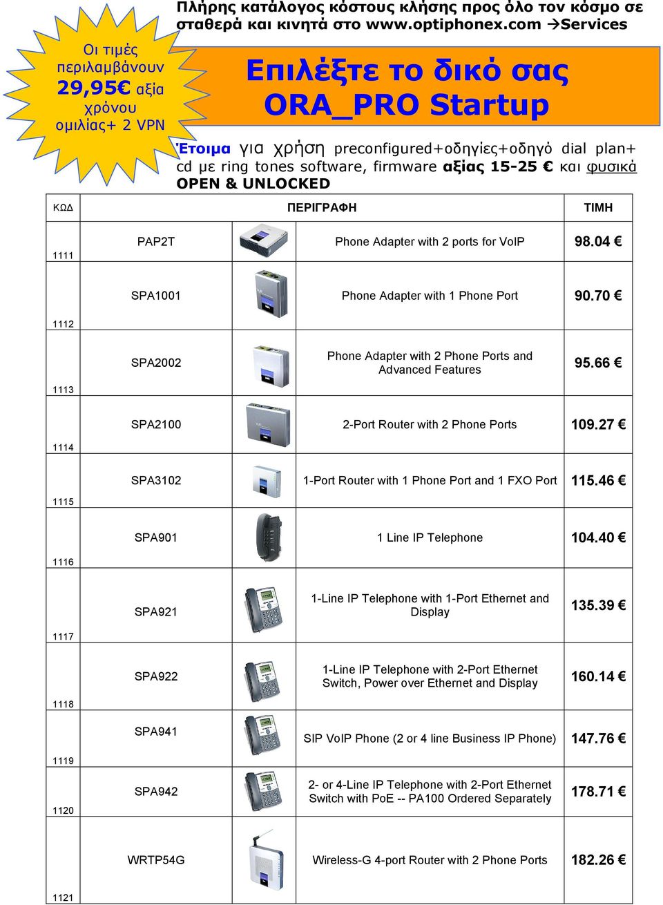 1111 PAPT Phone Adapter with ports for VoIP 98.04 SPA1001 Phone Adapter with 1 Phone Port 90.70 111 SPA00 Phone Adapter with Phone Ports and Advanced Features 95.