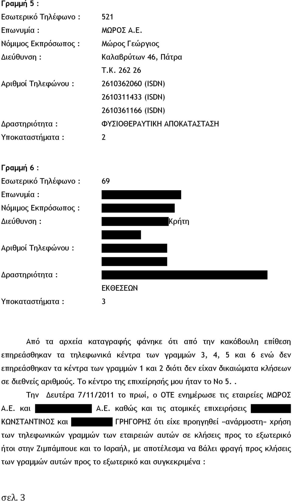 262 26 Αριθµοί Τηλεφώνου : 2610362060 (ISDN) 2610311433 (ISDN) 2610361166 (ISDN) ραστηριότητα : ΦΥΣΙΟΘΕΡΑΥΤΙΚΗ ΑΠΟΚΑΤΑΣΤΑΣΗ Υποκαταστήµατα : 2 Γραµµή 6 : Εσωτερικό Τηλέφωνο : 69 ΠΡΟΓΟΥΛΗΣ ΓΡΗΓΟΡΗΣ