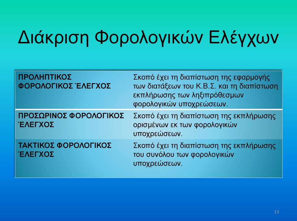 Σκοπό έχει τη διαπίστωση της εκπλήρωσης ορισμένων εκ των φορολογικών υποχρεώσεων.