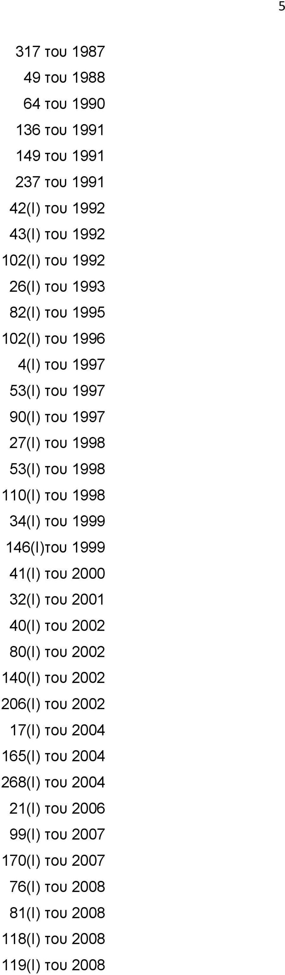 του 1999 146(I)του 1999 41(I) του 2000 32(I) του 2001 40(I) του 2002 80(I) του 2002 140(I) του 2002 206(I) του 2002 17(I) του 2004