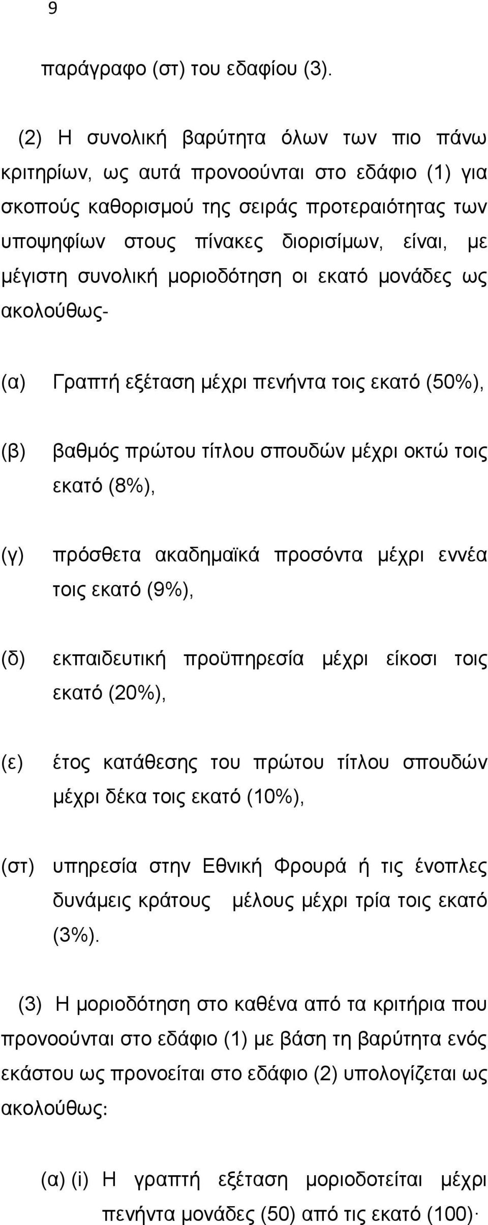 συνολική μοριοδότηση οι εκατό μονάδες ως ακολούθως- (α) Γραπτή εξέταση μέχρι πενήντα τοις εκατό (50%), (β) βαθμός πρώτου τίτλου σπουδών μέχρι οκτώ τοις εκατό (8%), (γ) πρόσθετα ακαδημαϊκά προσόντα