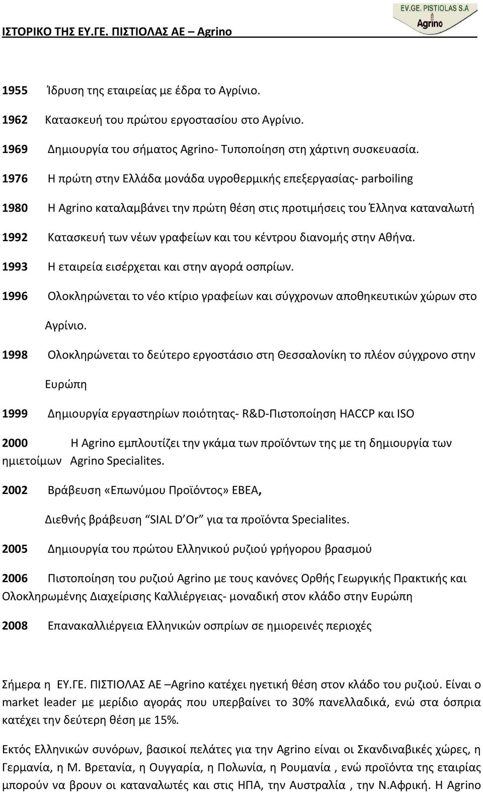 1976 Η πρώτη στην Ελλάδα μονάδα υγροθερμικής επεξεργασίας parboiling 1980 Η Agrino καταλαμβάνει την πρώτη θέση στις προτιμήσεις του Έλληνα καταναλωτή 1992 Κατασκευή των νέων γραφείων και του κέντρου