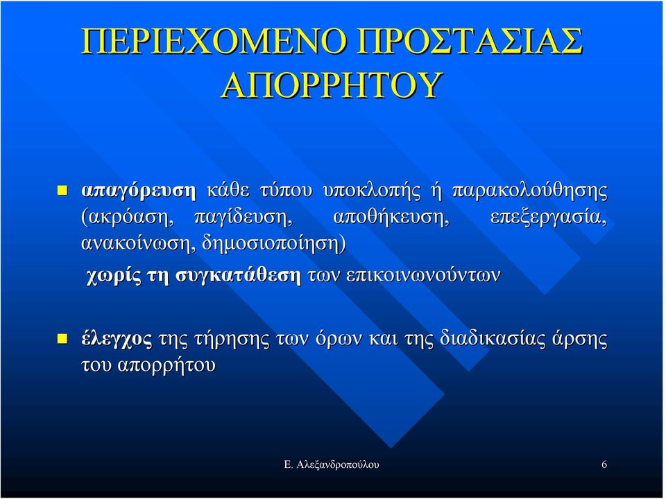 ανακοίνωση, δημοσιοποίηση) χωρίς τη συγκατάθεση των επικοινωνούντων