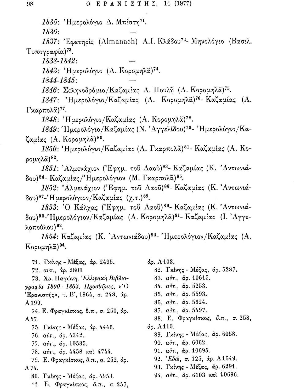 1849: 'Ημερολόγιο/Καζαμίας (Ν. Άγγελίδου) 79 - 'Ημερολόγιο/Καζαμίας (Α. Κορομηλα) 80. 1850: 'Ημερολόγιο/Καζαμίας (Α. Γκαρπολά) 81 - Καζαμίας (Α. Κορομηλα) 82. 1851: Άλμενάχιον (Έφημ.
