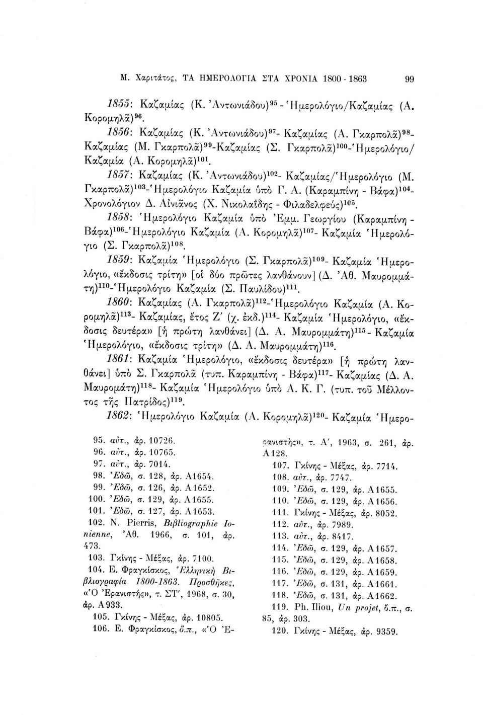 Γκαρπολά) 103 -'Ημερολόγιο Καζαμία υπό Γ. Α. (Καραμπίνη - Βάφα) 104 - Χρονολόγιον Δ. Λίνιάνος (Χ. Νικολαΐδης - Φιλαδελφεύς) 105. 1858: 'Ημερολόγιο Καζαμία ύπο Έμμ.