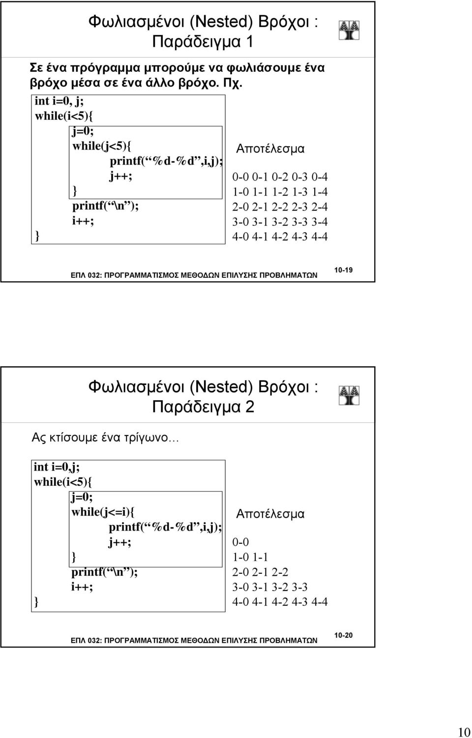 2-1 2-2 2-3 2-4 3-0 3-1 3-2 3-3 3-4 4-0 4-1 4-2 4-3 4-4 10-19 Φωλιασμένοι (Nested) Βρόχοι : Παράδειγμα 2 Ας κτίσουμε ένα τρίγωνο int