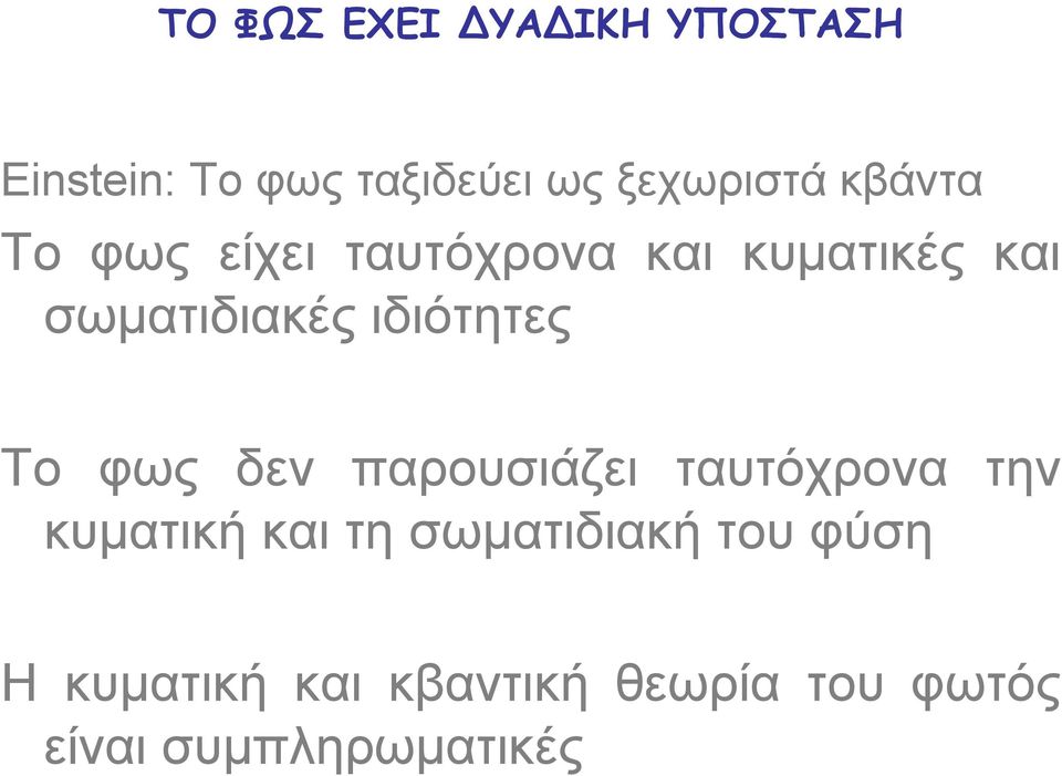 ιδιότητες Το φως δεν παρουσιάζει ταυτόχρονα την κυματική και τη