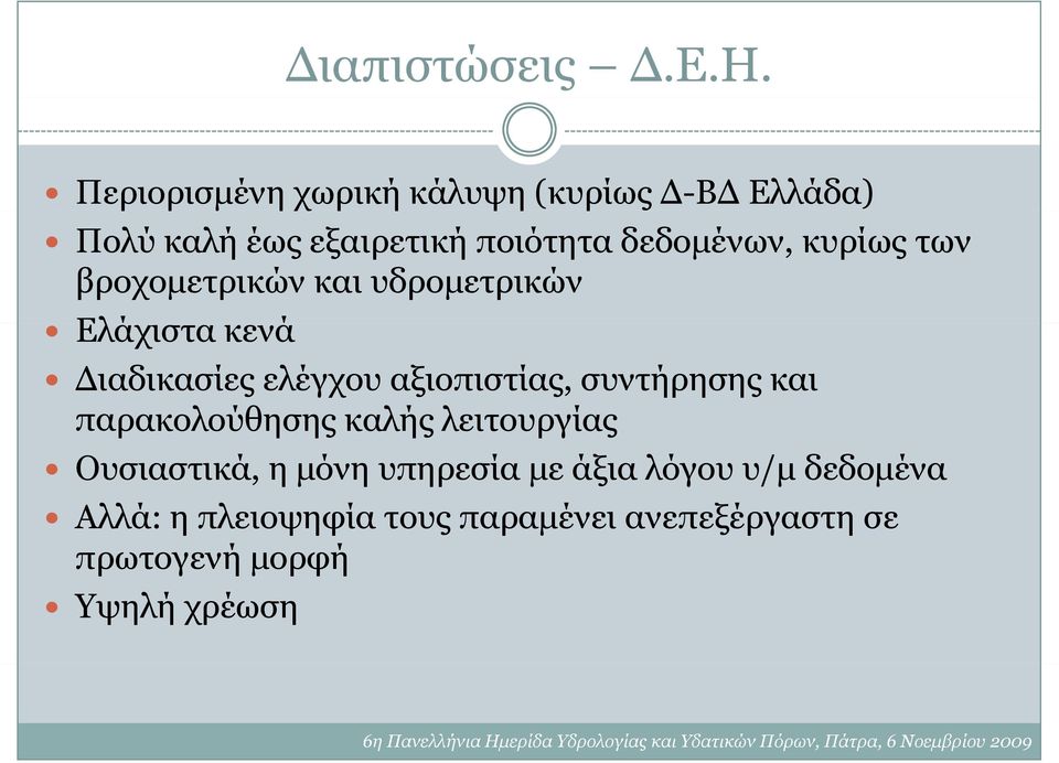 δεδομένων, κυρίως των βροχομετρικών και υδρομετρικών Ελάχιστα κενά Διαδικασίες ελέγχου