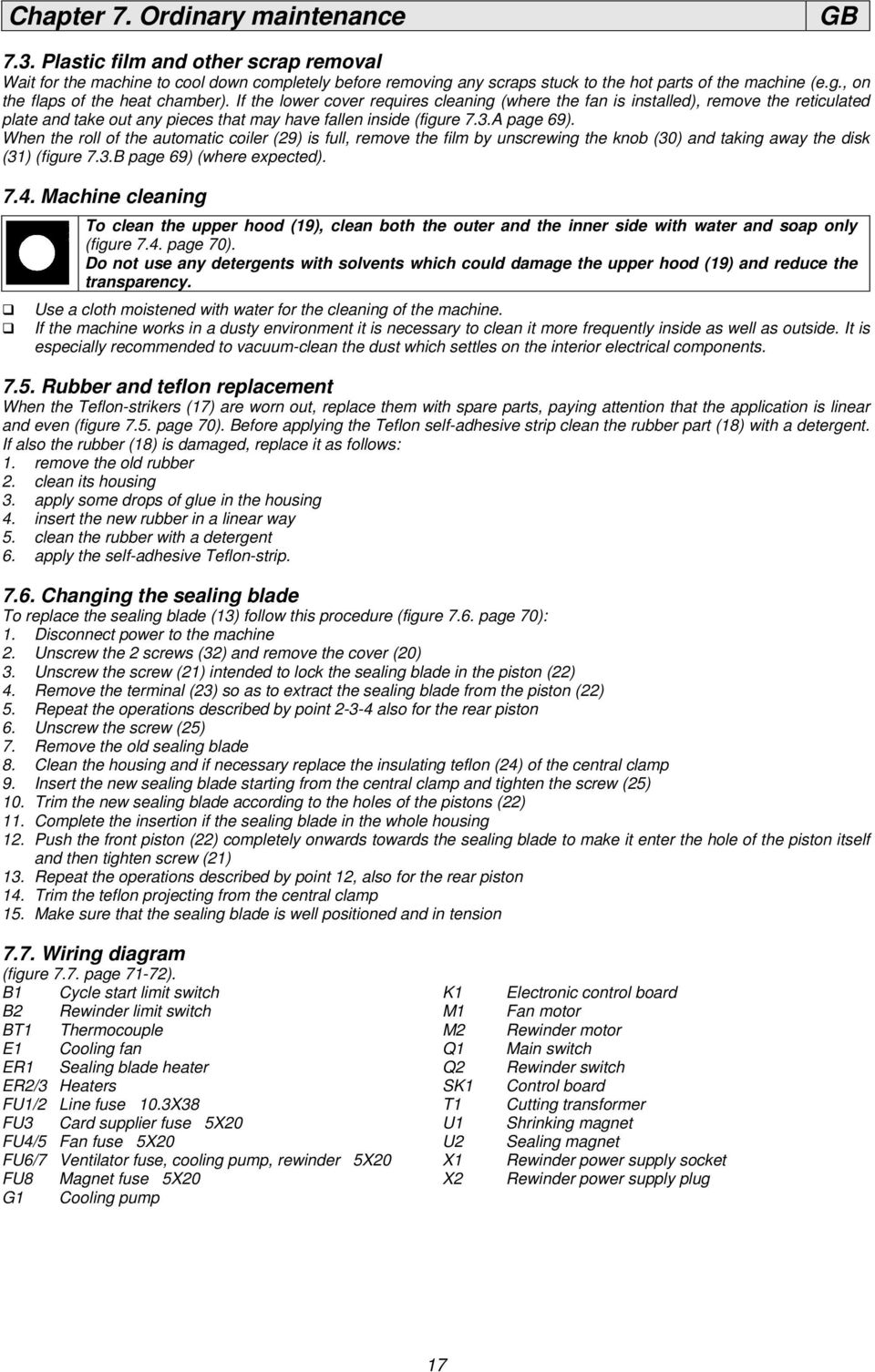 When the roll of the automatic coiler (29) is full, remove the film by unscrewing the knob (30) and taking away the disk (31) (figure 7.3.B page 69) (where expected). 7.4.