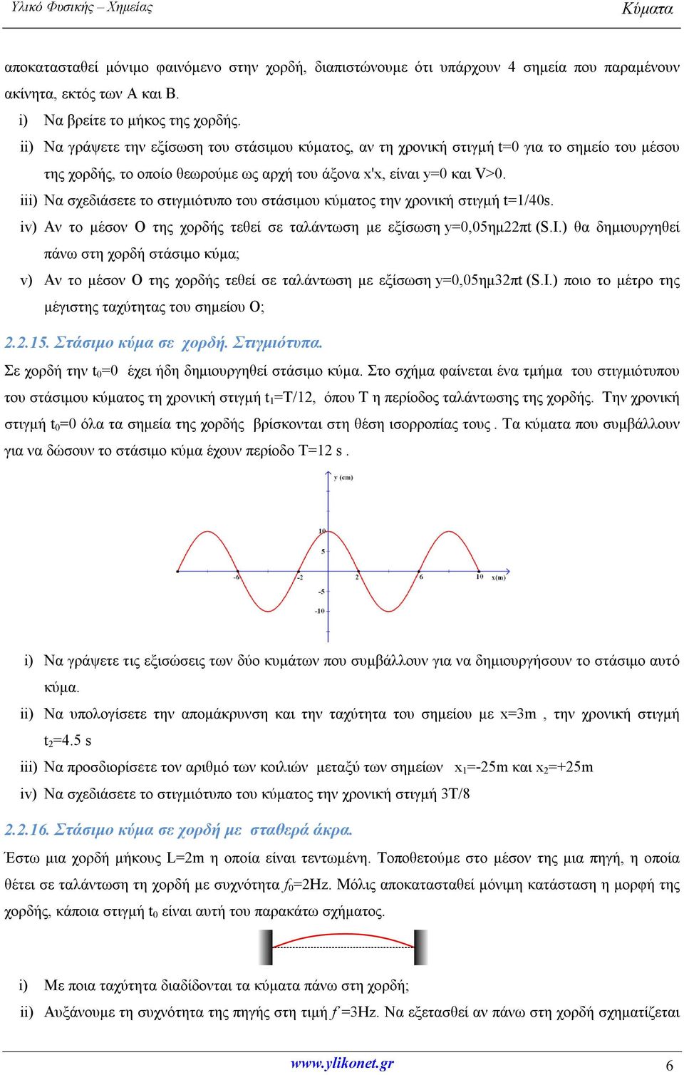 iii) Να σχεδιάσετε το στιγμιότυπο του στάσιμου κύματος την χρονική στιγμή t=1/40s. iv) Αν το μέσον Ο της χορδής τεθεί σε ταλάντωση με εξίσωση y=0,05ημ22πt (S.I.