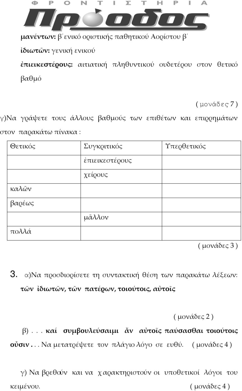 μονάδες 3 ) 3. α)να προσδιορίσετε τη συντακτική θέση των παρακάτω λέξεων: τῶν ἰδιωτῶν, τῶν πατέρων, τοιούτοις, αὐτοῖς ( μονάδες 2 ) β).