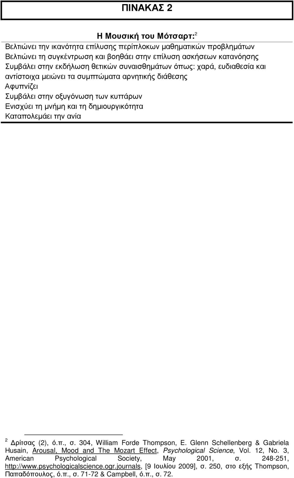 Καταπολεµάει την ανία 2 ρίτσας (2), ό.π., σ. 304, William Forde Thompson, E. Glenn Schellenberg Gabriela Husain, Arousal, Mood and The Mozart Effect, Psychological Science, Vol. 12, No.