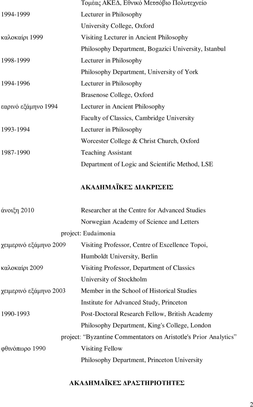 Philosophy Faculty of Classics, Cambridge University 1993-1994 Lecturer in Philosophy Worcester College & Christ Church, Oxford 1987-1990 Teaching Assistant Department of Logic and Scientific Method,