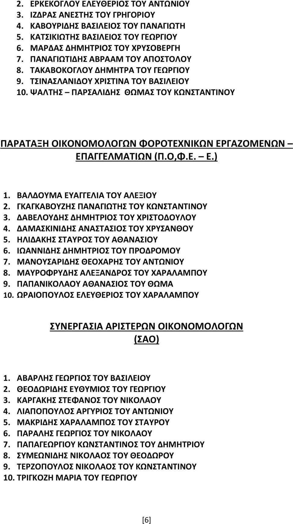 ΨΑΛΣΗ ΠΑΡΑΛΙΔΗ ΘΩΜΑ ΣΟΤ ΚΩΝΣΑΝΣΙΝΟΤ ΠΑΡΑΣΑΞΗ ΟΙΚΟΝΟΜΟΛΟΓΩΝ ΦΟΡΟΣΕΧΝΙΚΩΝ ΕΡΓΑΖΟΜΕΝΩΝ ΕΠΑΓΓΕΛΜΑΣΙΩΝ (Π.Ο,Φ.Ε. Ε.) 1. ΒΑΛΔΟΤΜΑ ΕΤΑΓΓΕΛΙΑ ΣΟΤ ΑΛΕΞΙΟΤ 2. ΓΚΑΓΚΑΒΟΤΖΗ ΠΑΝΑΓΙΩΣΗ ΣΟΤ ΚΩΝΣΑΝΣΙΝΟΤ 3.