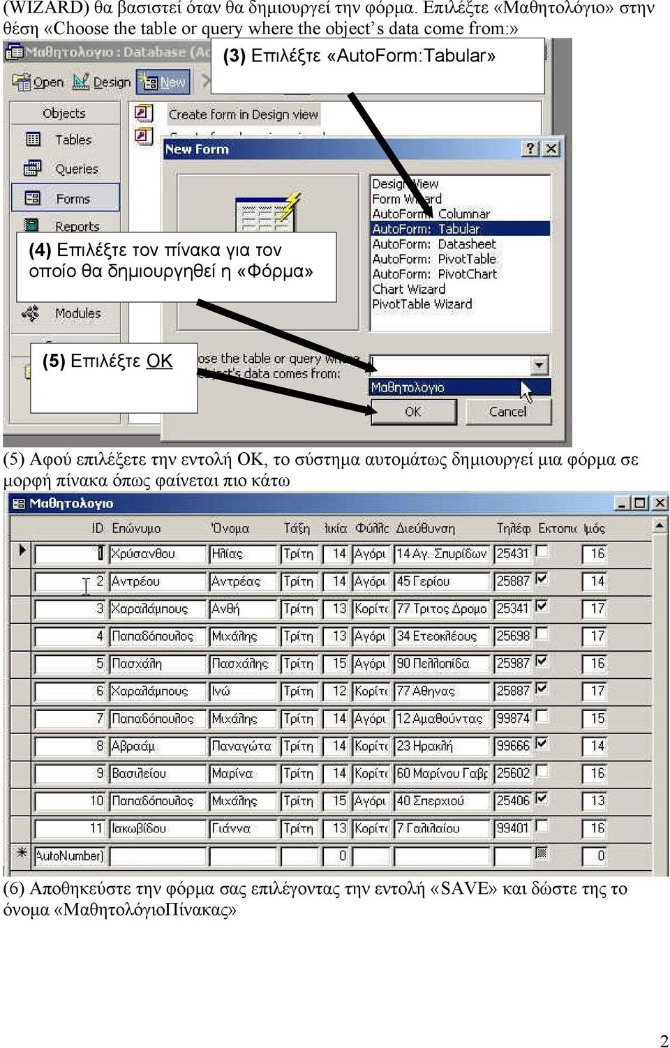 «AutoForm:Tabular» (4) Επιλέξτε τον πίνακα για τον οποίο θα δημιουργηθεί η «Φόρμα» (5) Επιλέξτε ΟΚ (5) Αφού επιλέξετε