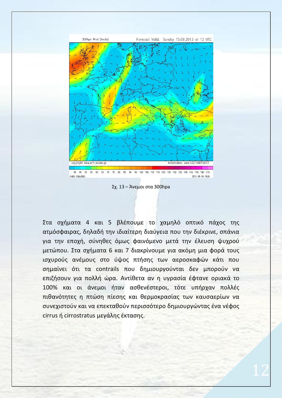 Στα σχήματα 6 και 7 διακρίνουμε για ακόμη μια φορά τους ισχυρούς ανέμους στο ύψος πτήσης των αεροσκαφών κάτι που σημαίνει ότι τα contrails που δημιουργούνται δεν μπορούν