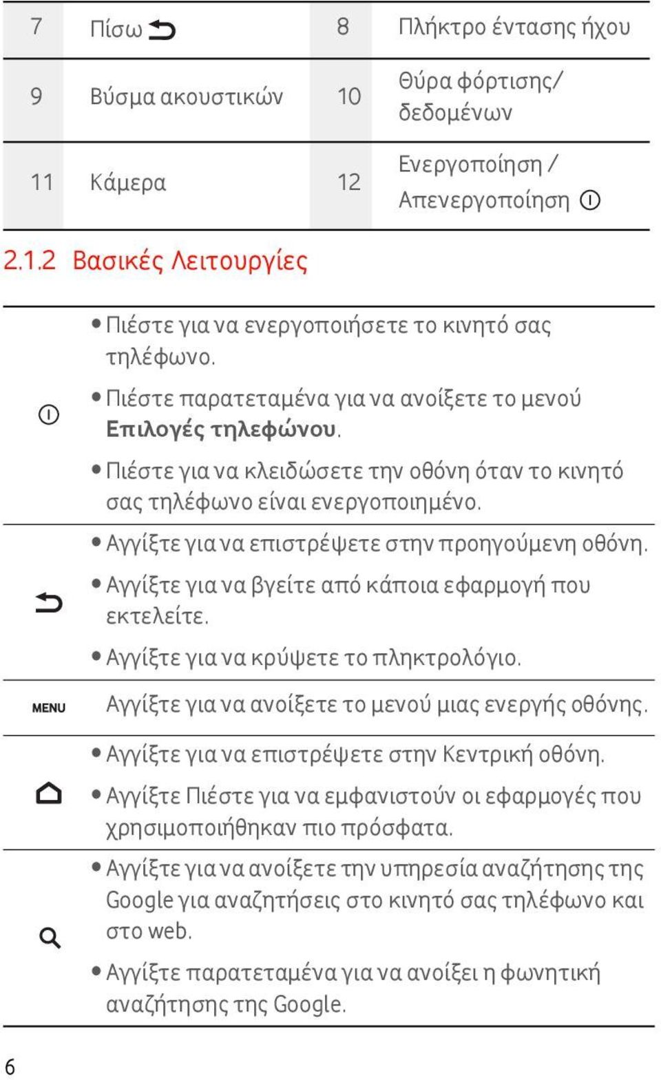 Αγγίξτε για να βγείτε από κάποια εφαρμογή που εκτελείτε. Αγγίξτε για να κρύψετε το πληκτρολόγιο. Αγγίξτε για να ανοίξετε το μενού μιας ενεργής οθόνης. Αγγίξτε για να επιστρέψετε στην Κεντρική οθόνη.