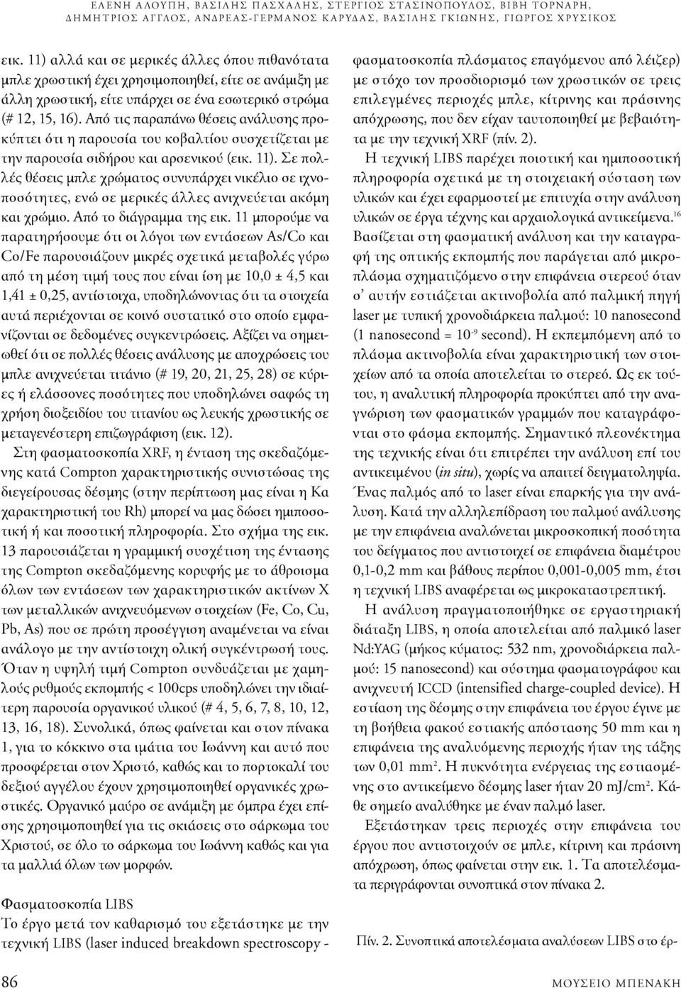11) αλλά και σε μερικές άλλες όπου πιθανότατα μπλε χρωστική έχει χρησιμοποιηθεί, είτε σε ανάμιξη με άλλη χρωστική, είτε υπάρχει σε ένα εσωτερικό στρώμα (# 12, 15, 16).