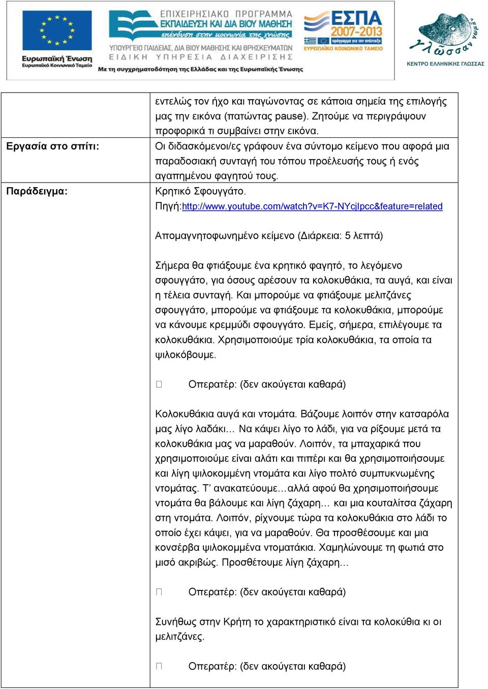 v=K7-NYcjIpcc&feature=related Απομαγνητοφωνημένο κείμενο (Διάρκεια: 5 λεπτά) Σήμερα θα φτιάξουμε ένα κρητικό φαγητό, το λεγόμενο σφουγγάτο, για όσους αρέσουν τα κολοκυθάκια, τα αυγά, και είναι η