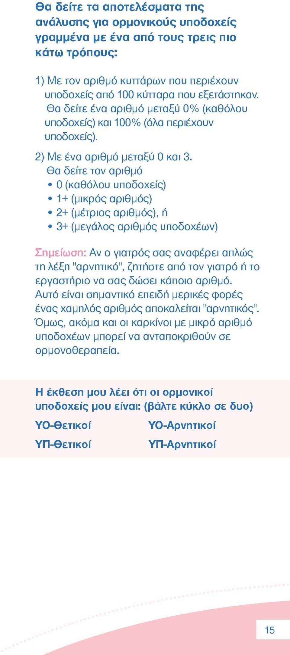 Θα δείτε τον αριθµό 0 (καθόλου υποδοχείς) 1+ (µικρός αριθµός) 2+ (µέτριος αριθµός), ή 3+ (µεγάλος αριθµός υποδοχέων) Σηµείωση: Αν ο γιατρός σας αναφέρει απλώς τη λέξη "αρνητικό", ζητήστε από τον