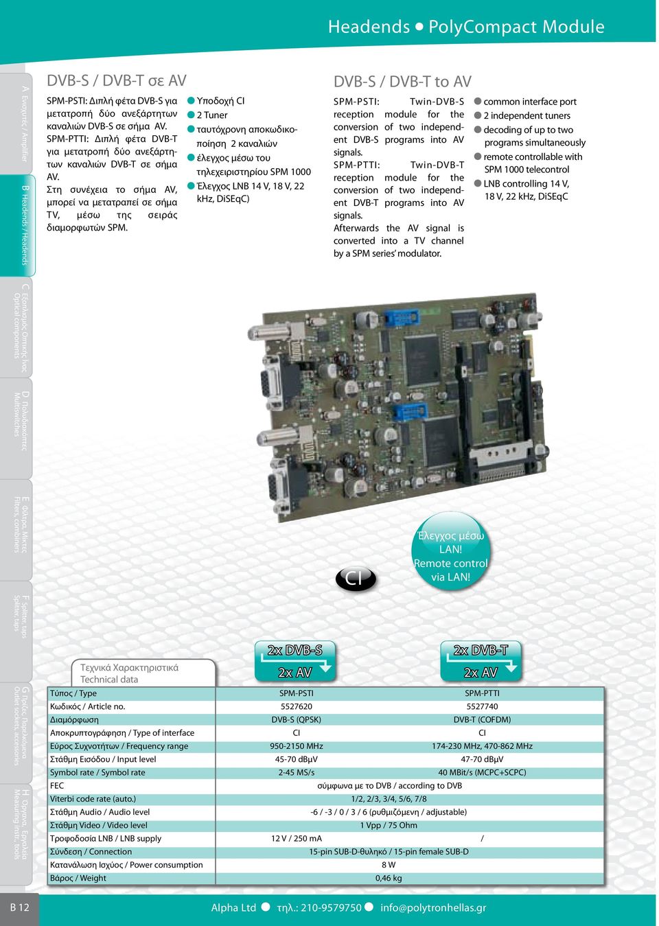 Υποδοχή CI 2 Tuner ταυτόχρονη αποκωδικοποίηση 2 καναλιών έλεγχος μέσω του τηλεχειριστηρίου SPM 1000 Έλεγχος LNB 14 V, 18 V, 22 khz, DiSEqC) DVB-S / DVB-T to AV SPM-PSTI: Twin-DVB-S reception module