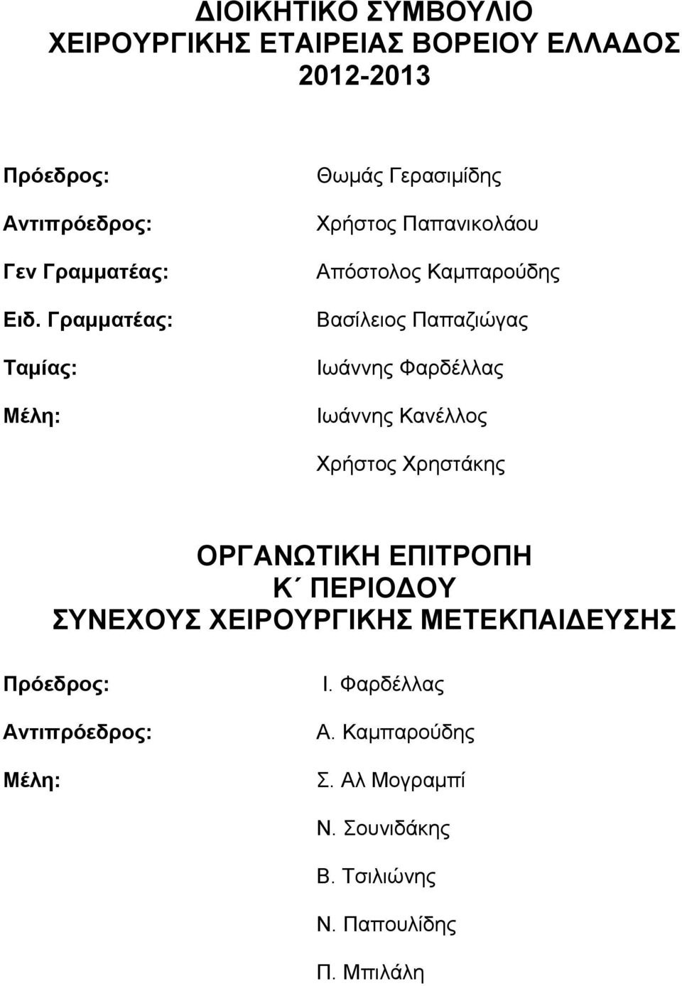 Φαρδέλλας Ιωάννης Κανέλλος Χρήστος Χρηστάκης ΟΡΓΑΝΩΤΙΚΗ ΕΠΙΤΡΟΠΗ Κ ΠΕΡΙΟΔΟΥ ΣΥΝΕΧΟΥΣ ΧΕΙΡΟΥΡΓΙΚΗΣ ΜΕΤΕΚΠΑΙΔΕΥΣΗΣ