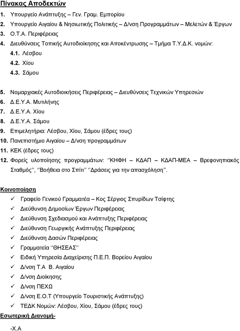 Δ.Ε.Υ.Α. Χίου 8. Δ.Ε.Υ.Α. Σάμου 9. Επιμελητήρια: Λέσβου, Χίου, Σάμου (έδρες τους) 10. Πανεπιστήμιο Αιγαίου Δ/νση προγραμμάτων 11. ΚΕΚ (έδρες τους) 12.